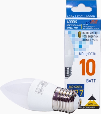 Лампа светодиодная LED- C37 10 Вт 175-265В Е27 4000K СВЕЧА /10 /100